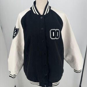 Wild Fable Letterman Varsity Jacket WOMENS Faux Leather Black White Snap Close S